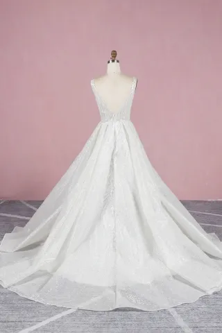 silver beading glitter V back wedding gown