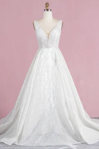sparkly silver beading glitter v neck wedding ball gown