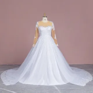 illusion nude long sleeve white lace wedding ball gown