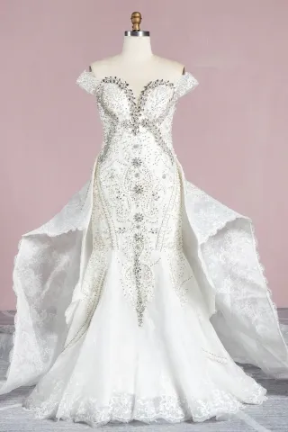 Luxury Beaded Trumpet 2-in-1 Cathedral Train Wedding Gown - Lunss