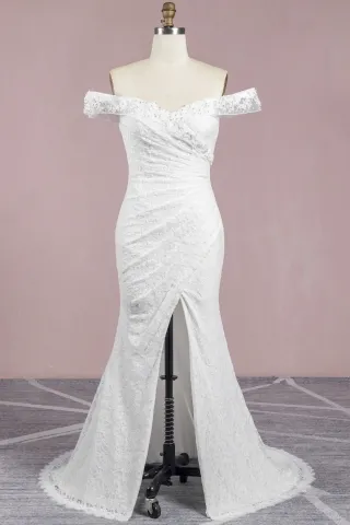 side draped ivory lace sexy slit mermaid wedding dress
