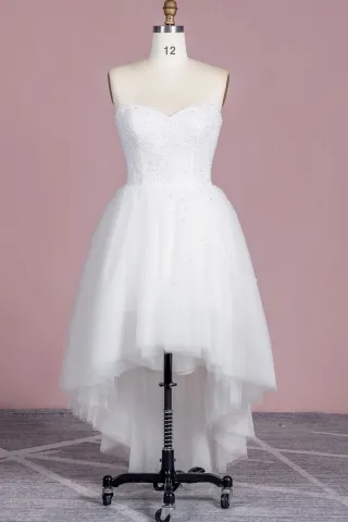 strapless sweetheart pearled high low tulle bridal dress