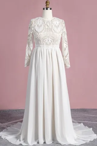 ivory lace and chiffon long sleeve boho wedding dress