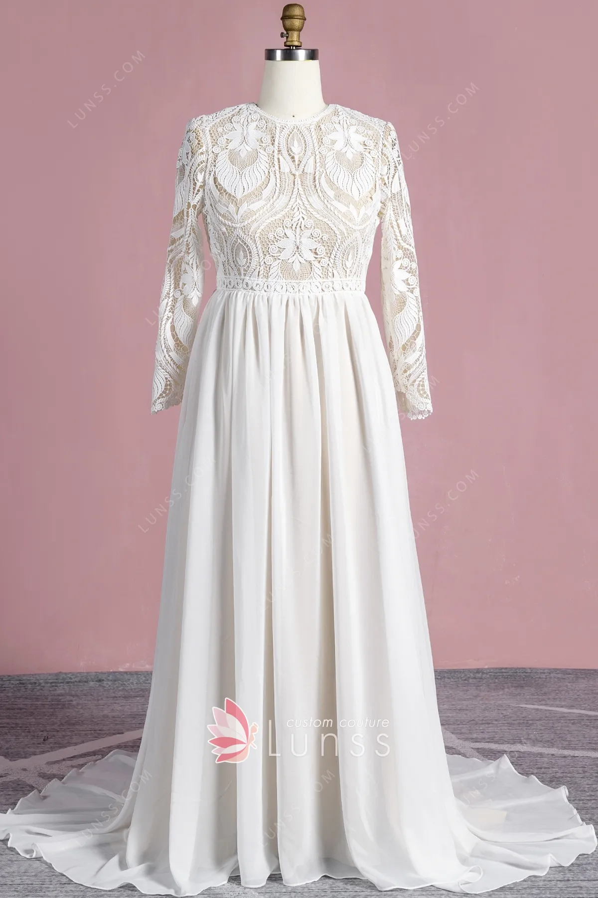 Ivory Lace and Chiffon Long Sleeve Boho Wedding Dress - Lunss