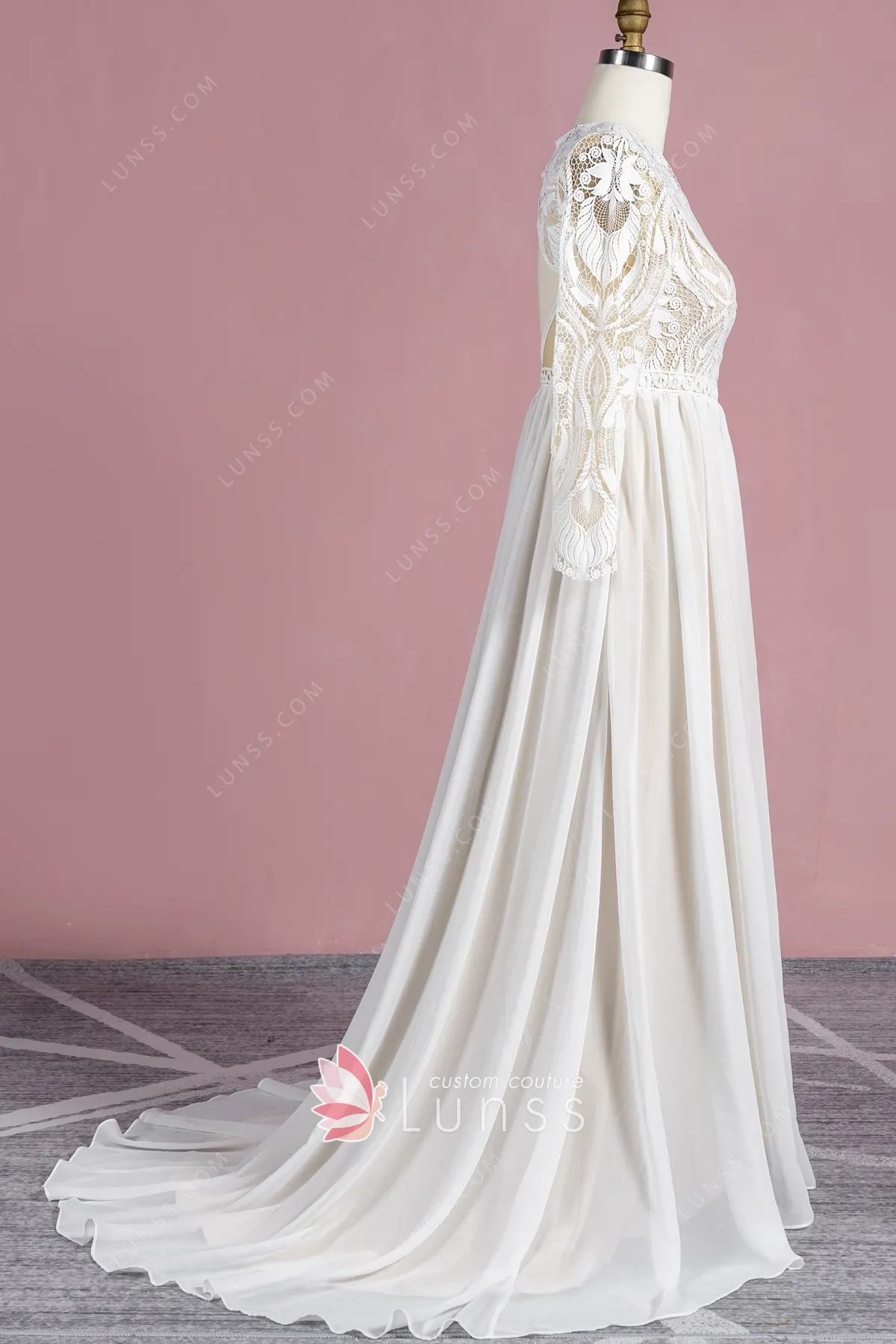 Ivory Lace Chiffon Trumpet Sleeve Boho Wedding Dress