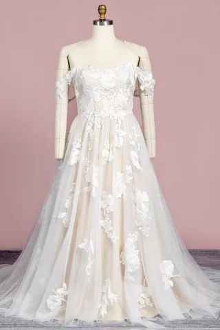 big floral embroidery lace champagne long wedding dress