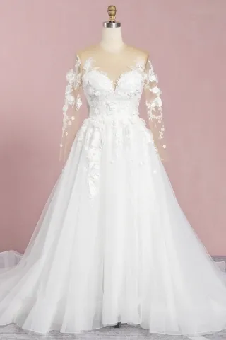 pearled 3d flower lace ivory tulle timeless wedding dress