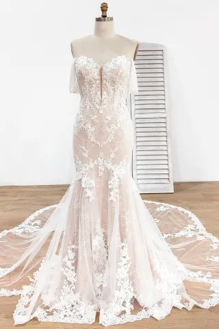 amazing nude lining with white floral lace bridal dress