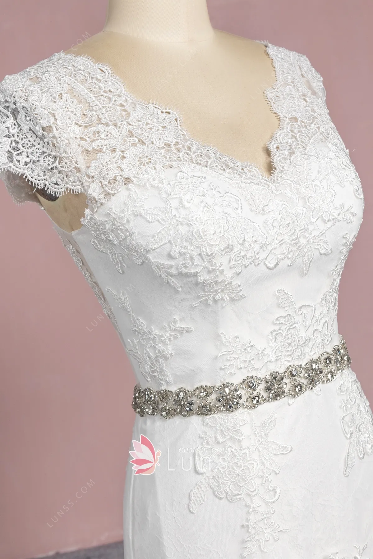 Cap Sleeve V-neck Lace Embellished Top A-Line Formal Dress Vintage Mauve main image 1