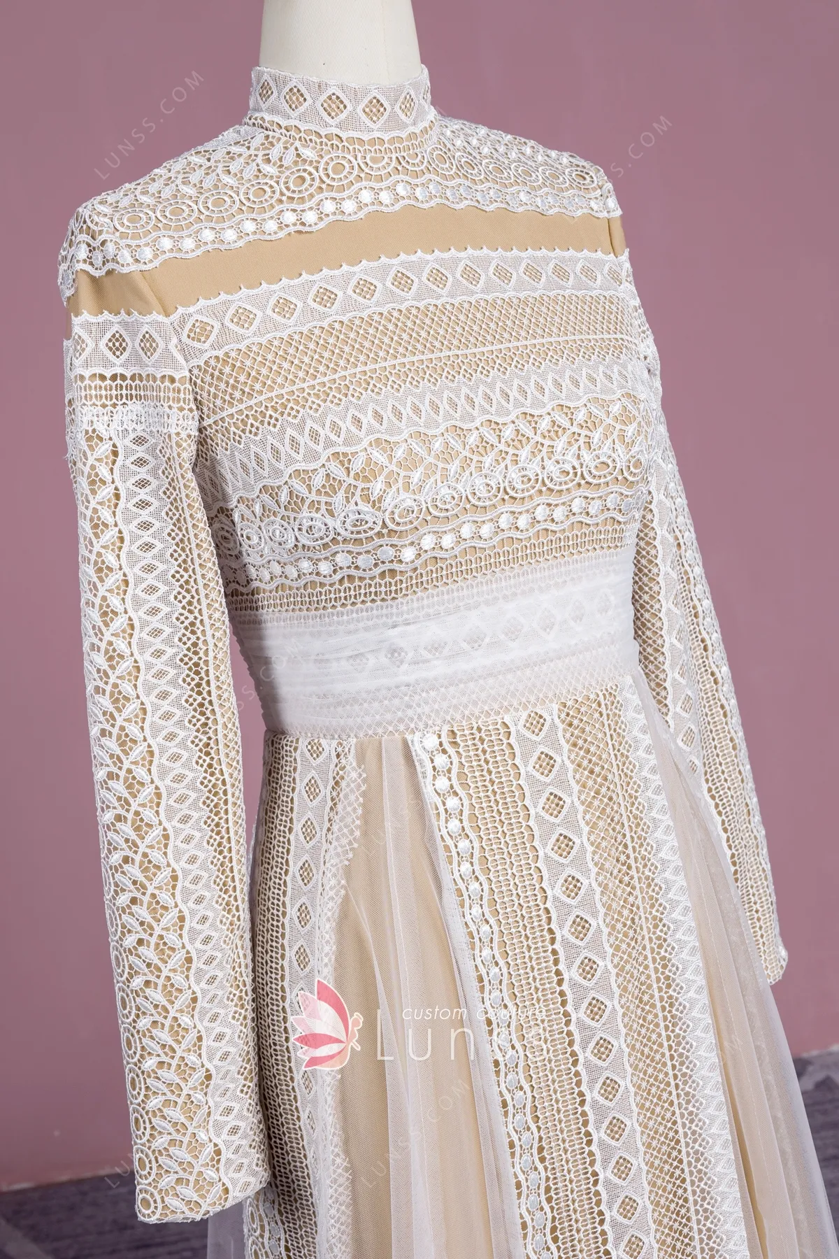 long lace sleeve prom dress Sexy Illusion Asymmetrical Lace Sleeves With Train and High Slit Party main image 0