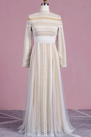 High Neck Vintage Prom Dresses Long Sleeve Muslim Beaded Lace Tulle Elegant Purple Prom Gown Y5845
