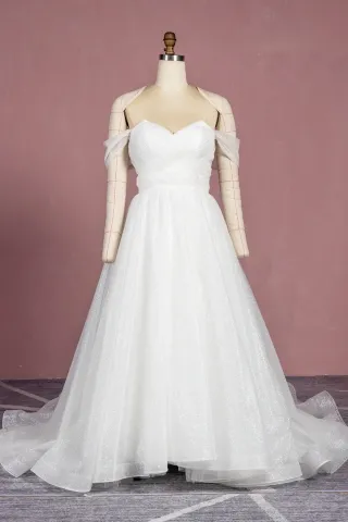 shimmering white glitter v neck off shoulder wedding gown