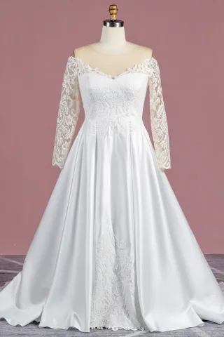 illusion lace long sleeve ivory satin elegant bridal gown