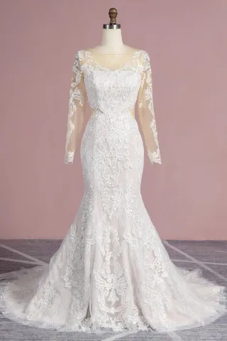 elegant pink nude mermaid long sleeve wedding dress