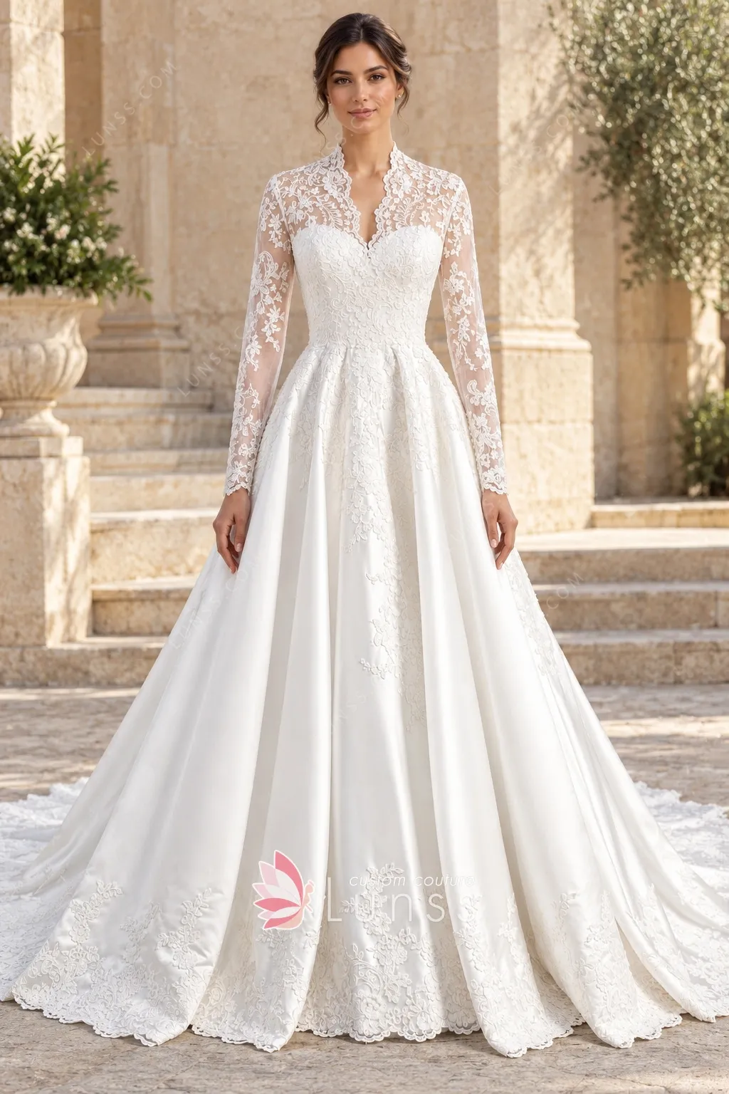 elegant lace sleeve satin wedding dress elegant lace sleeve satin wedding dress