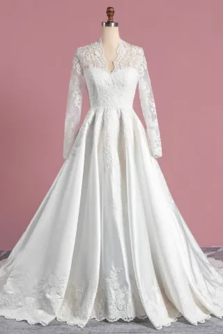 elegant scalloped lace v neck sleeve satin wedding gown