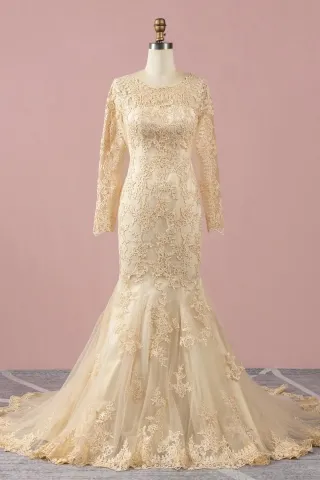 vintage champagne lace long sleeve mermaid wedding dress