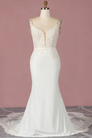 beaded champagne lace ivory satin mermaid wedding dress
