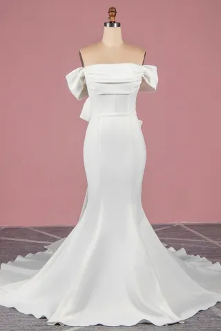 ivory thick satin off the shoulder mermaid wedding gown