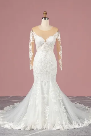 ivory lace illusion nude tulle mermaid winter bridal gown