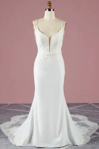 bead tassel strap scalloped lace train unique bridal gown