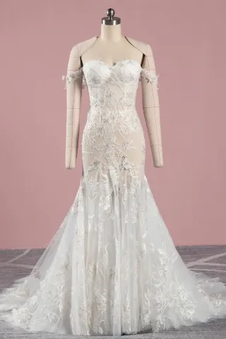 sexy sheer rich lace off shoulder mermaid wedding dress