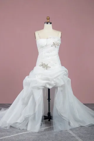 unique beaded ruffled organza high low wedding dress