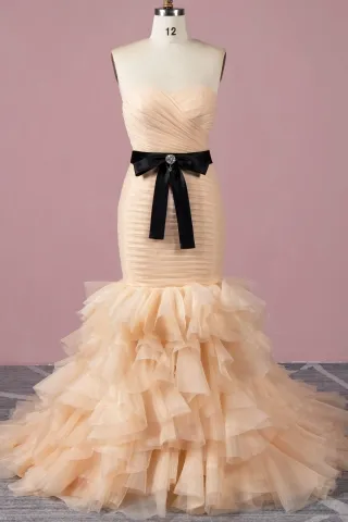 ruched ruffled tiered champagne organza wedding gown