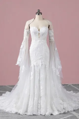unique separate bell sleeve lace and tulle wedding gown