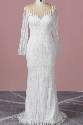 luxury heavy pearls bead lace long sleeve bridal dress