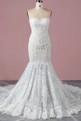 dazzling and chic pearl lace mermaid wedding dress