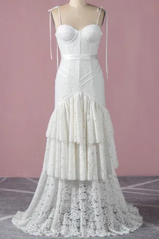 tiered ruffles ivory lace unique corset wedding dress