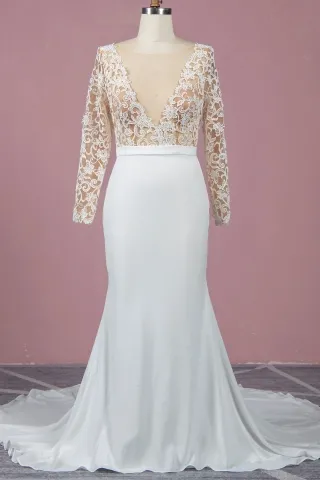 floral ivory lace nude mesh mermaid modern wedding dress