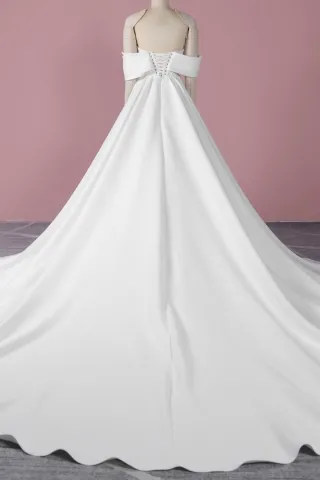 Cathedral train ivory satin modern wedding gown