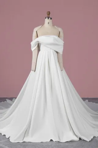 asymmetrical off the shoulder draped satin wedding dress