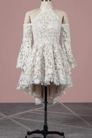 bell sleeve ivory lace bridal high low cocktail dress