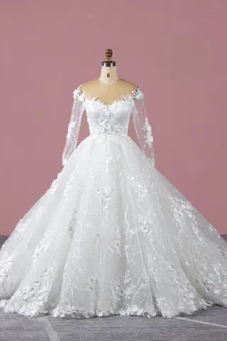 luxury beaded 3d flowers ball gown wedding dress