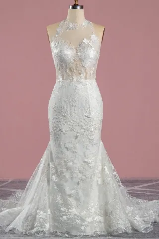 ivory granular lace illusion halter neck wedding dress