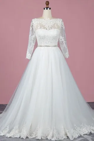 classic ivory illusion lace neck and sleeve wedding gown