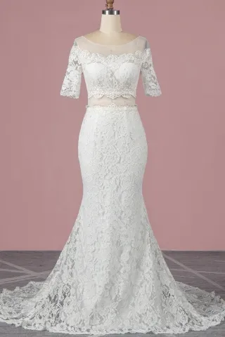 scalloped ivory lace two piece mermaid wedding dress