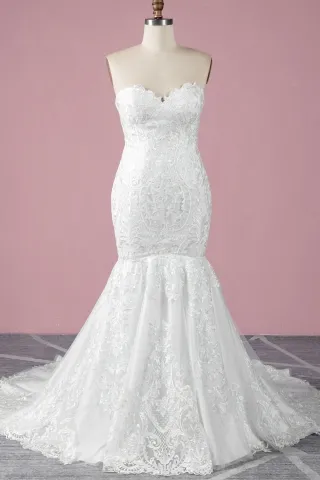 geometric pattern lace strapless mermaid wedding dress