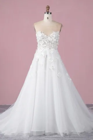 3d flowers off white lace and tulle modern wedding gown