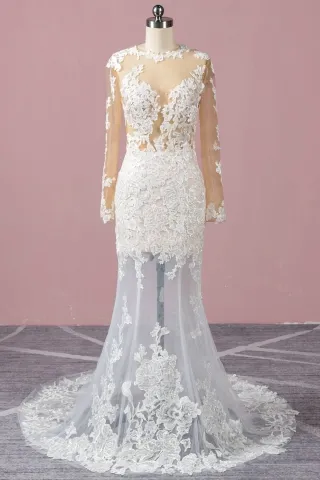 illusion sheer lace long sleeve sexy mermaid wedding gown