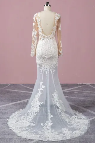 low back sheer tulle and lace mermaid boho wedding dress