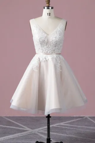 champagne satin ivory lace and tulle overlay short dress