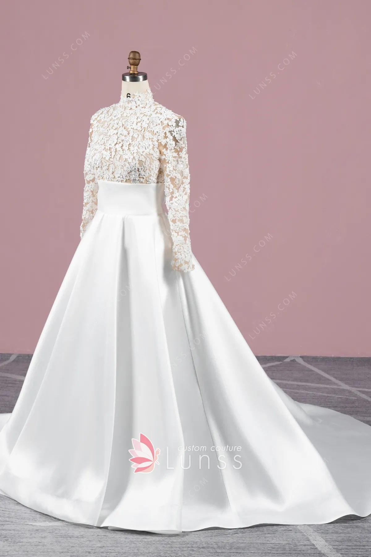 ivory lace and satin long sleeve vintage wedding gown