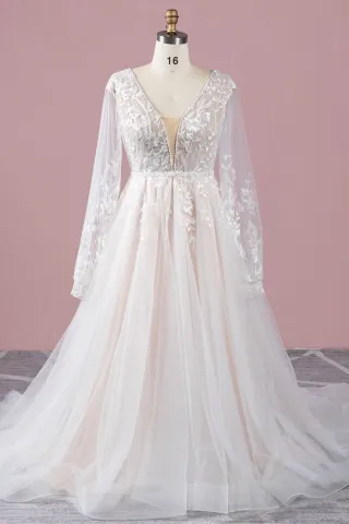 plunging neckline puff sleeve white nude wedding dress