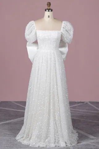 white glitter short puff sleeve oversized bow bridal gown