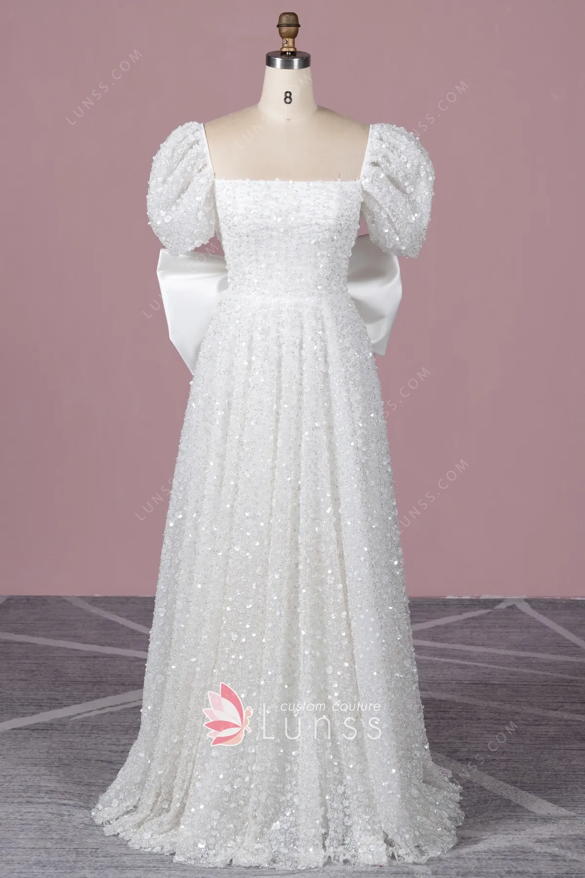 Satin Wrap Neckline Wedding Dress, with Flutter Short lace sleeves , M