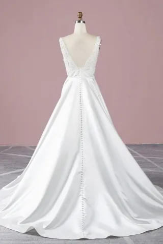 ivory lace and satin V back A line bridal dress